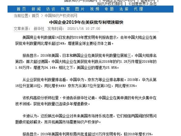 中國企業2019年在美獲批專利增速最快