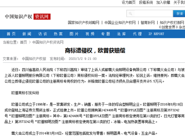 商標遭侵權，歐普獲賠償